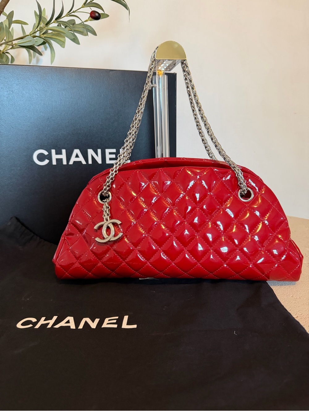 CHANEL Quilted Patent Red Shoulder Bag with Silver Chain and CC Charm